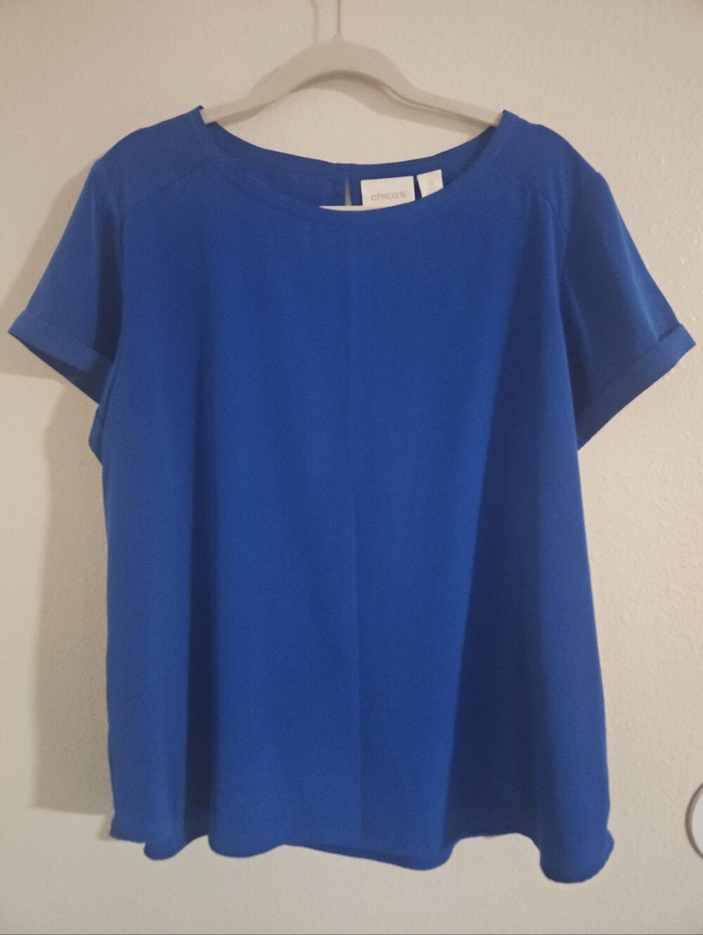 Chico’s Royal Blue Boatneck Blouse Cuffed Cap Sleeve Size 3 L XL